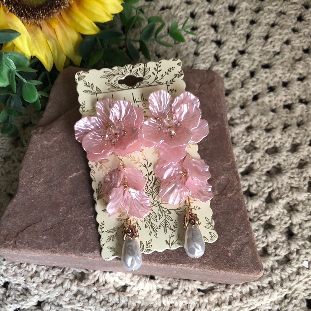 Nicole Miller Pink Floral Drop Statement Earrings with Pearl Accent